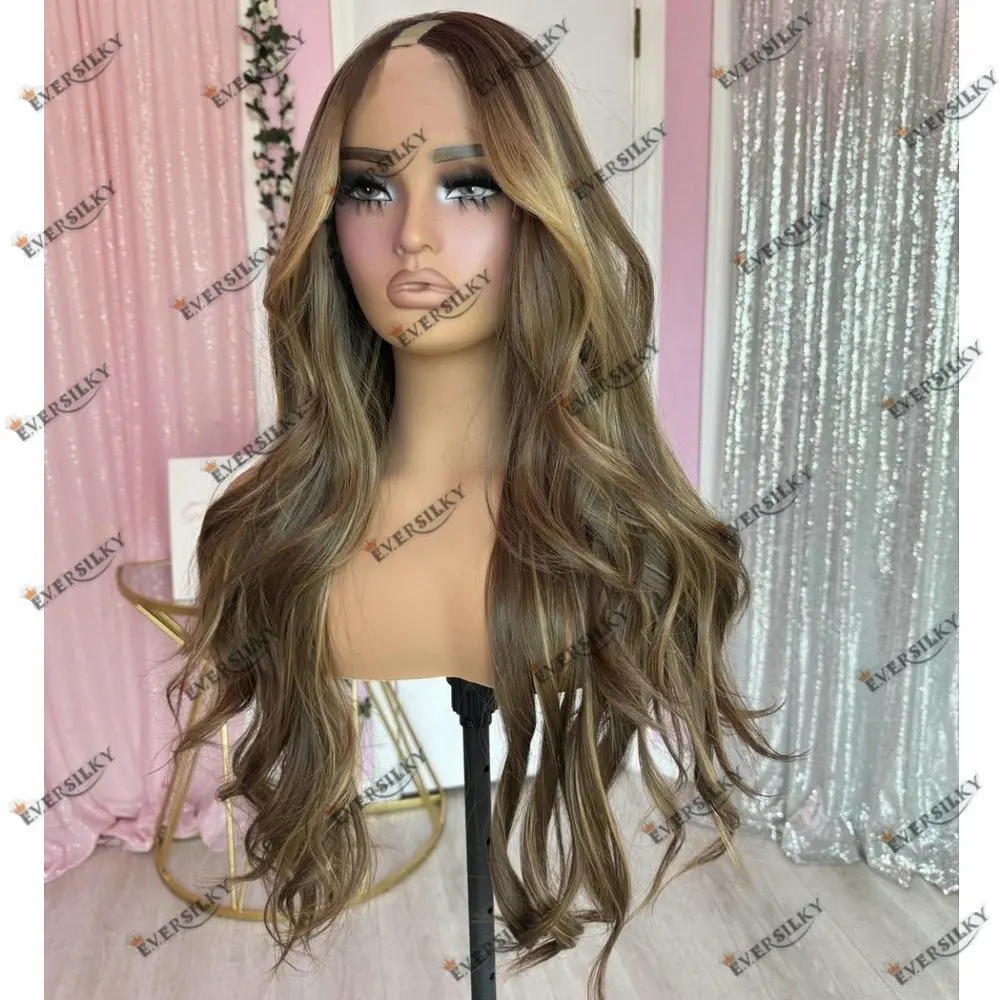 Brown Highlight Honey Blonde U Part Wig Human Hair With Clips Breathable Wavy For Woman Glueless 1*4 V Part Wigs Human Hair