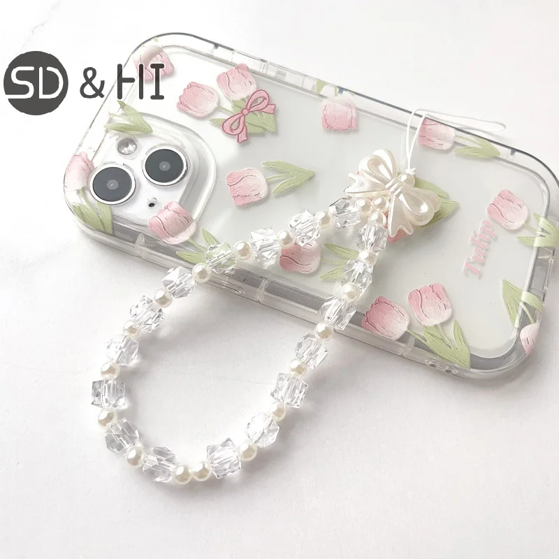 Transparent Bow Mobile Phone Lanyard Beaded Mobile Phone Chain Simple Women's Handmade Craftsmanship Fresh And Luxurious