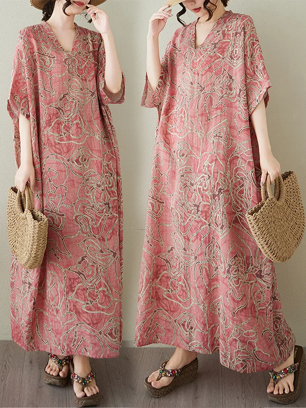 فستان طويل ملفوف بطول الركبة، تصميم صيفي بنقشة زهور، مناسب للإجازات والسفر، برقبة على شكل V، طراز ريترو، من القطن والكتان، قط...