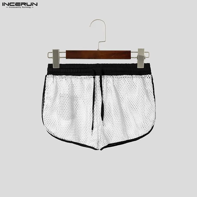 

INCERUN Men Shorts Mesh Patchwork See Through Hollow Out Drawstring Men Bottoms Summer Sexy 2026 Vacation Casual Shorts For Man