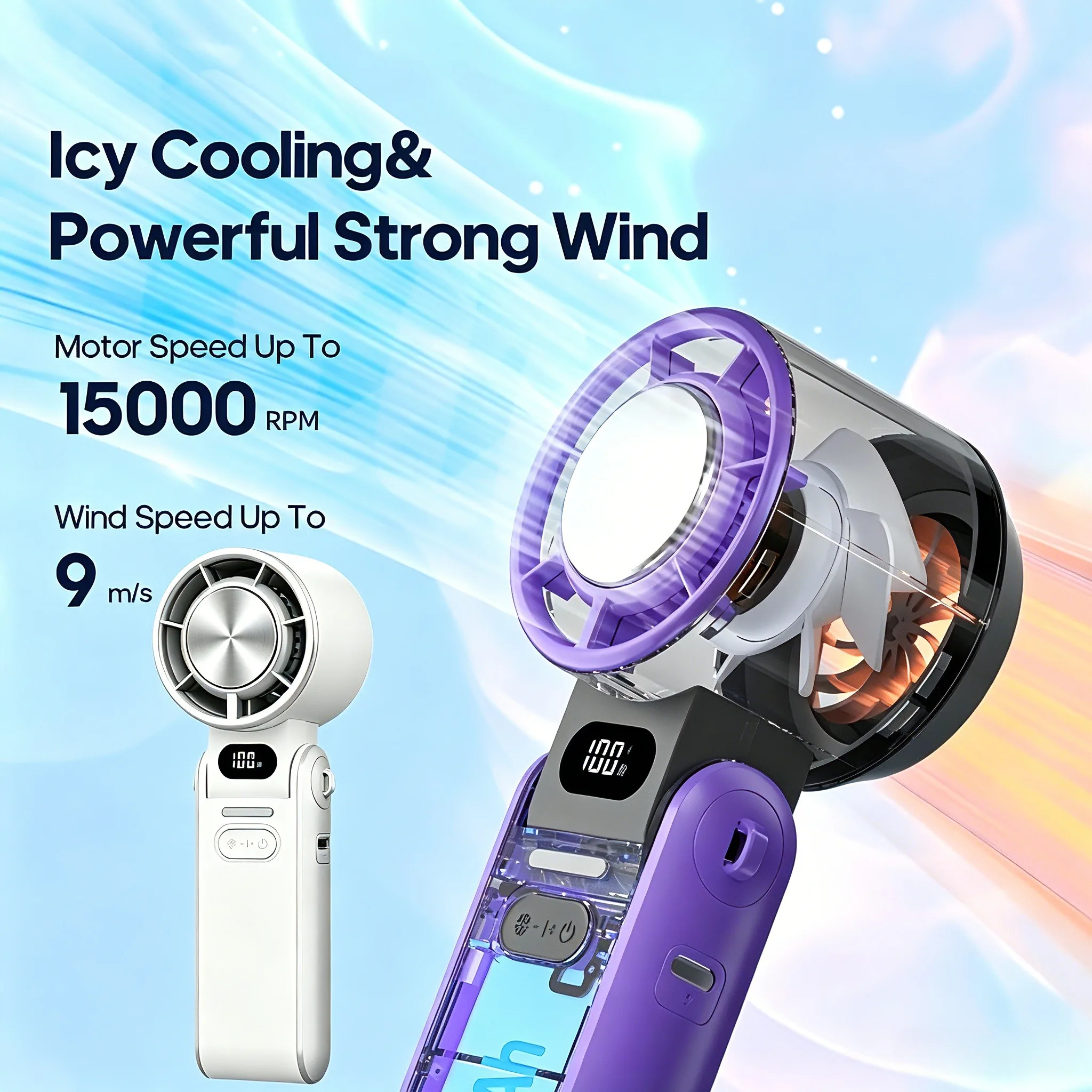 Portable High Speed Cooling Handheld Fan 3600mAh Rechargeable 100 Wind Speeds Adjustable Mini Foldable Air Cooling Turbo Fan