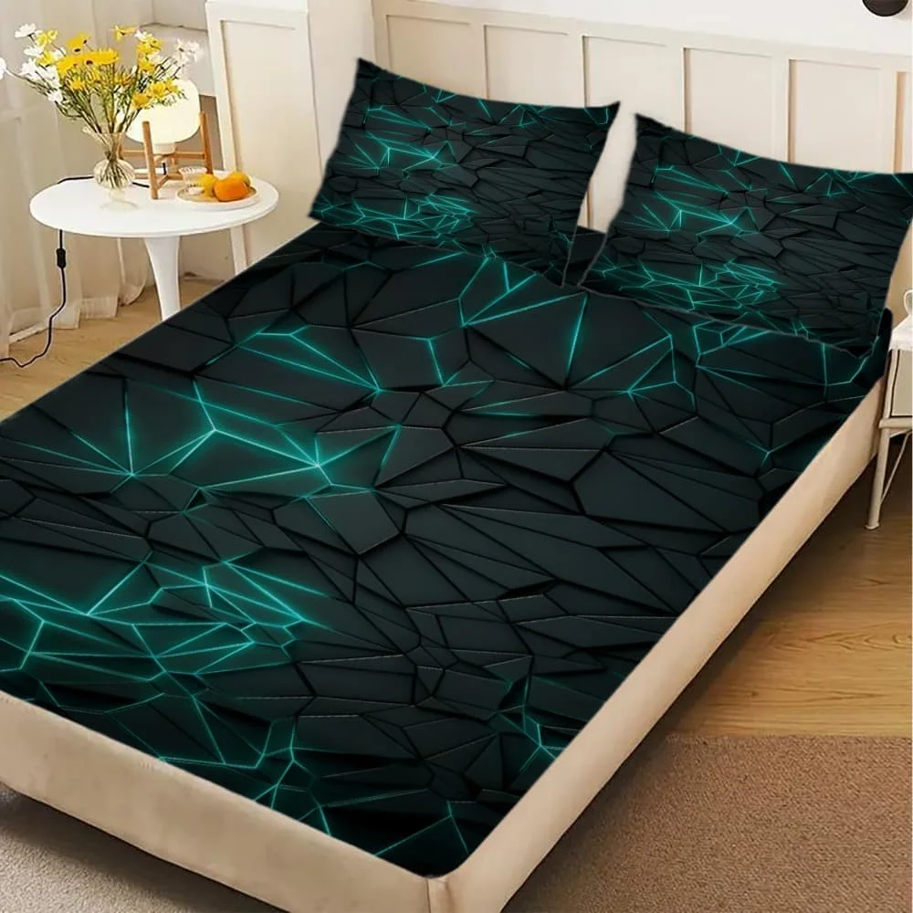 Green Geometric Print Fitted Sheet Deep Pocket Elastic Mattress Cover Single Double Queen King Bedroom Decor