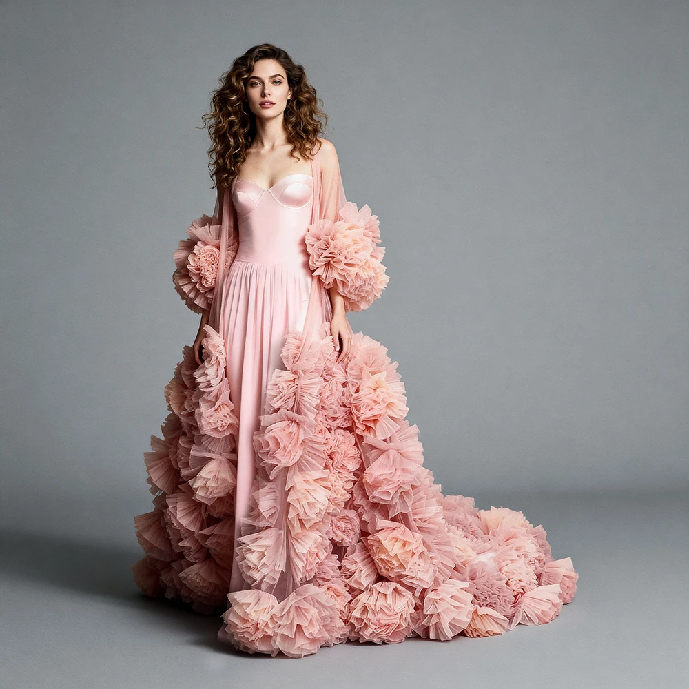 

Evening Dresses Pink Strapless Satin Prom Dress with 3D Oversized Ruffled Tulle Bridal Cape Women's Formal Evening Gown ES63254D