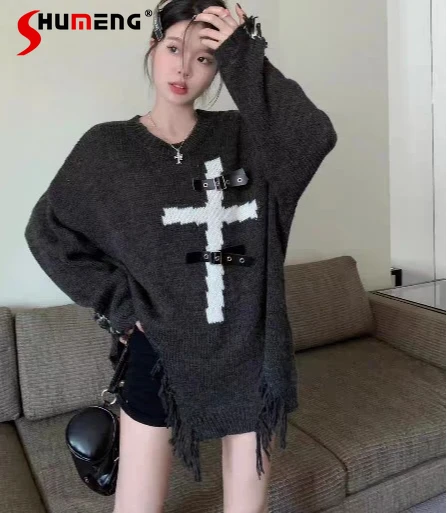 Punk Subculture Harajuku Vintage Loose Mid-length Sweater Women Autumn Winter Fashion Cross Jacquard Ripped Knitted Pullovers