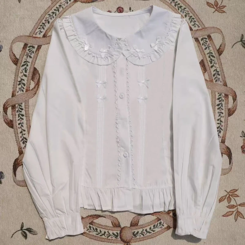 Deeptown Kawaii Lolita Black Blouses Women Japanese Style Bow Babydoll Tops Vintage Cutecore Preppy Style Sweet White Shirts