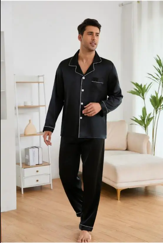 Men's Satin Two-Piece Pajamas Set Long Sleeve Loose Fit Autumn Sleepwear Comfortable Basic Home Loungewear Pijamas Suit