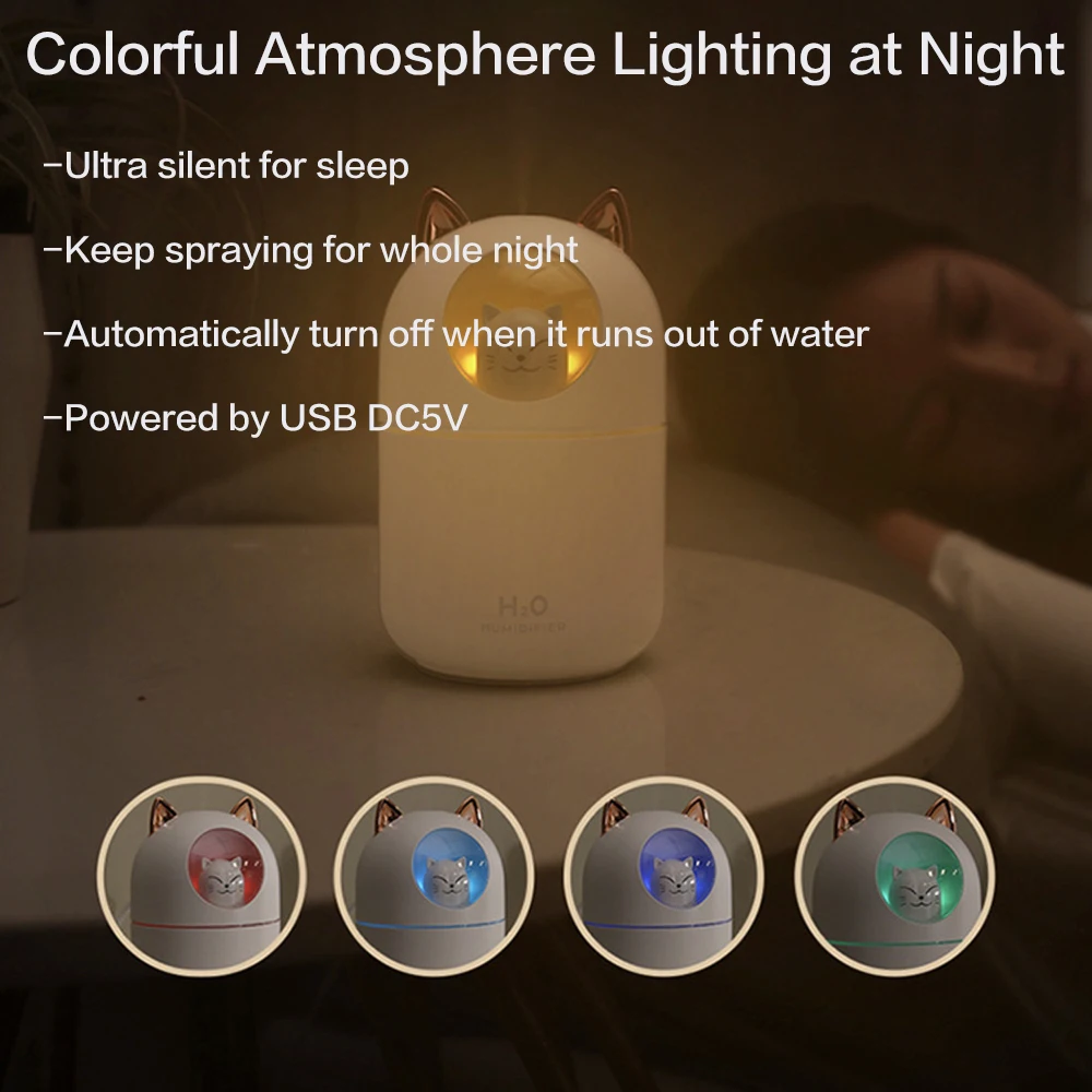 300ML Ultrasonic Cool Mist Air Humidifier for Bedroom, Mini Cute Humidifier with LED Atmosphere Night Light DC5V