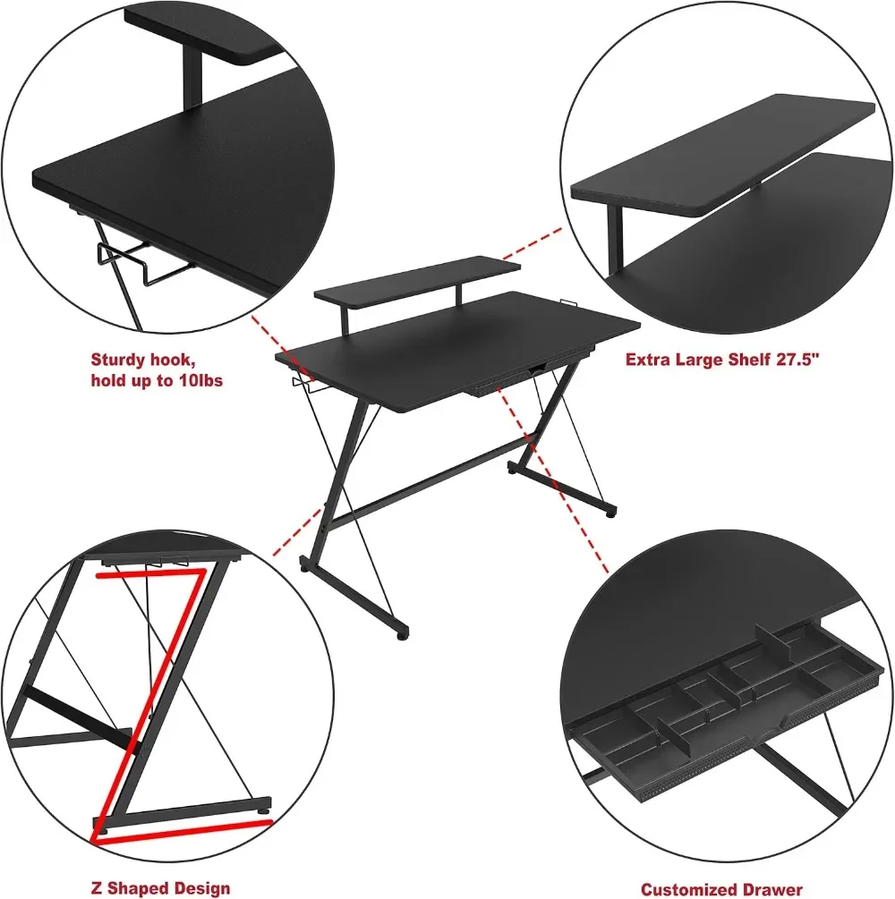 Mesa para jogos de 40 polegadas com elevador de monitor, gaveta e ganchos, preta