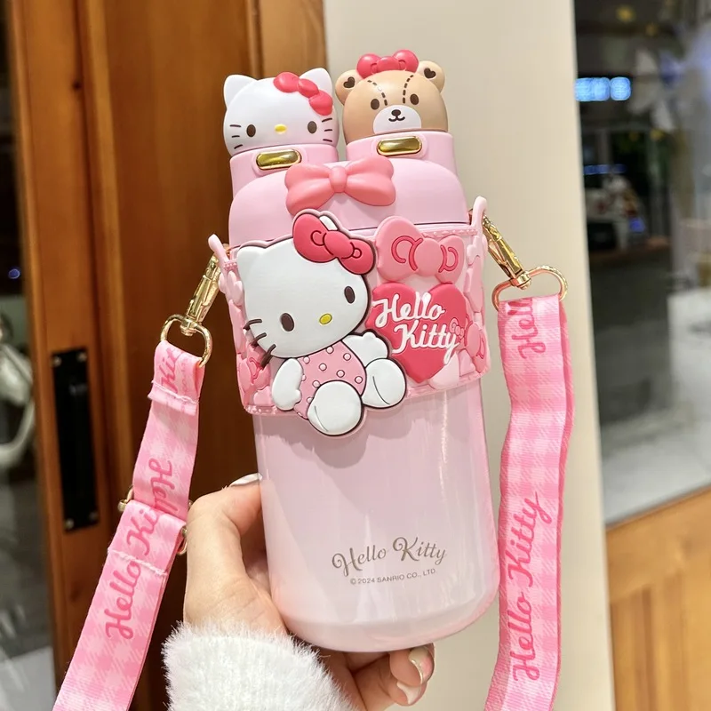 Hello Kitty Sanrio Thermos Cup Animation Peripheral Double Drinking Straw Cup Portable Water Cup Children's Birthday Gift