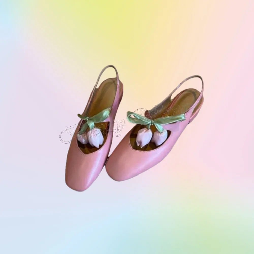 

Pink Tulips Decor Low Heel Pumps Cover Toe Shoes Back Strap Square Low High Heel Shoes for Women Shoes 2025 Zapatos Para Mujere