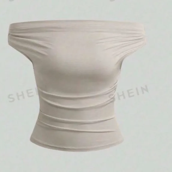 Women's Solid Off Shoulder Tee, Elegant Fashion Ruched Top for Daily Outdoor Wear, Ladies Clothes for All Seasons,