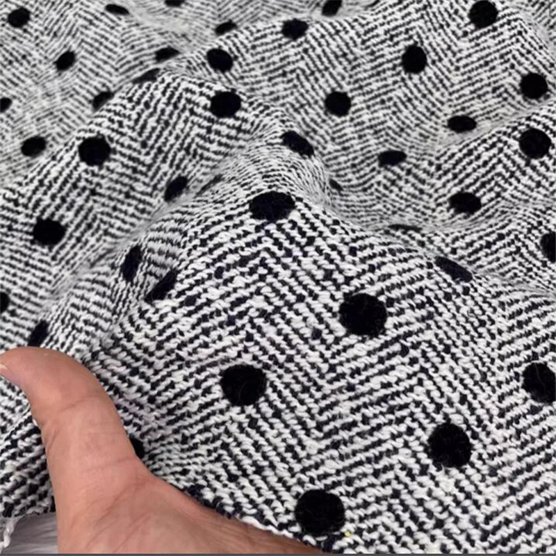 Good Plant Velvet Black Wavelet Dot Print Imitation Wool Fabric Yarn Woven Herringbone Fabric Diy Sewing Dress  Outerwear