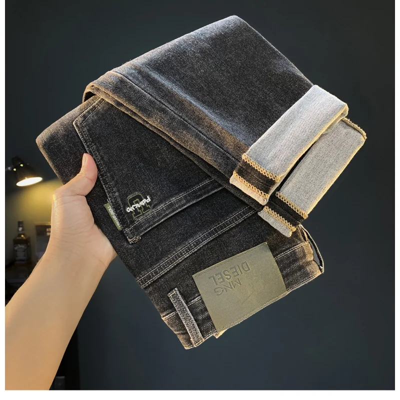 

Потертые черные джинсы, мужские осенние трендовые новые эластичные мужские брюки с вышивкой, маленькие брюки