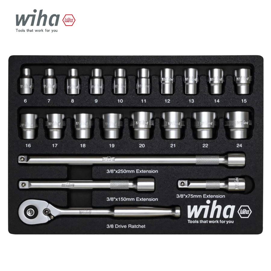 

Wiha 22 Pcs 3/8" Ratchet Socket Wrench Set in Foam Insert with 18 Pcs Sockets,Ratchet Handle and Extension Bar NO.44708