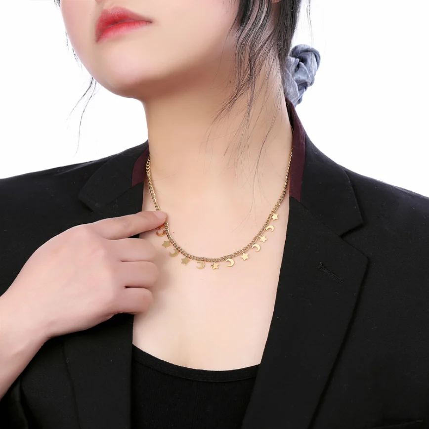316L Stainless Steel New Fashion Upscale Jewelry Many Stars Moon Drape Charms Thick Chain Choker Necklaces & Pendants For Women