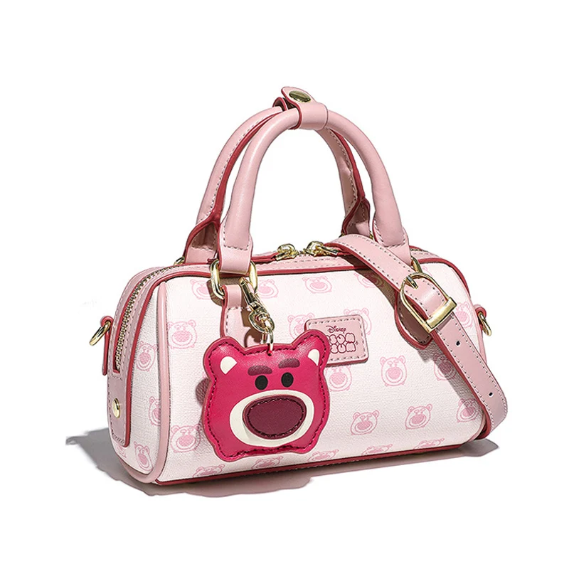 Tas bahu Disney Lotso Pink Boston tas merek kulit PU beruang stroberi kartun tas selempang tas tangan wanita dengan liontin