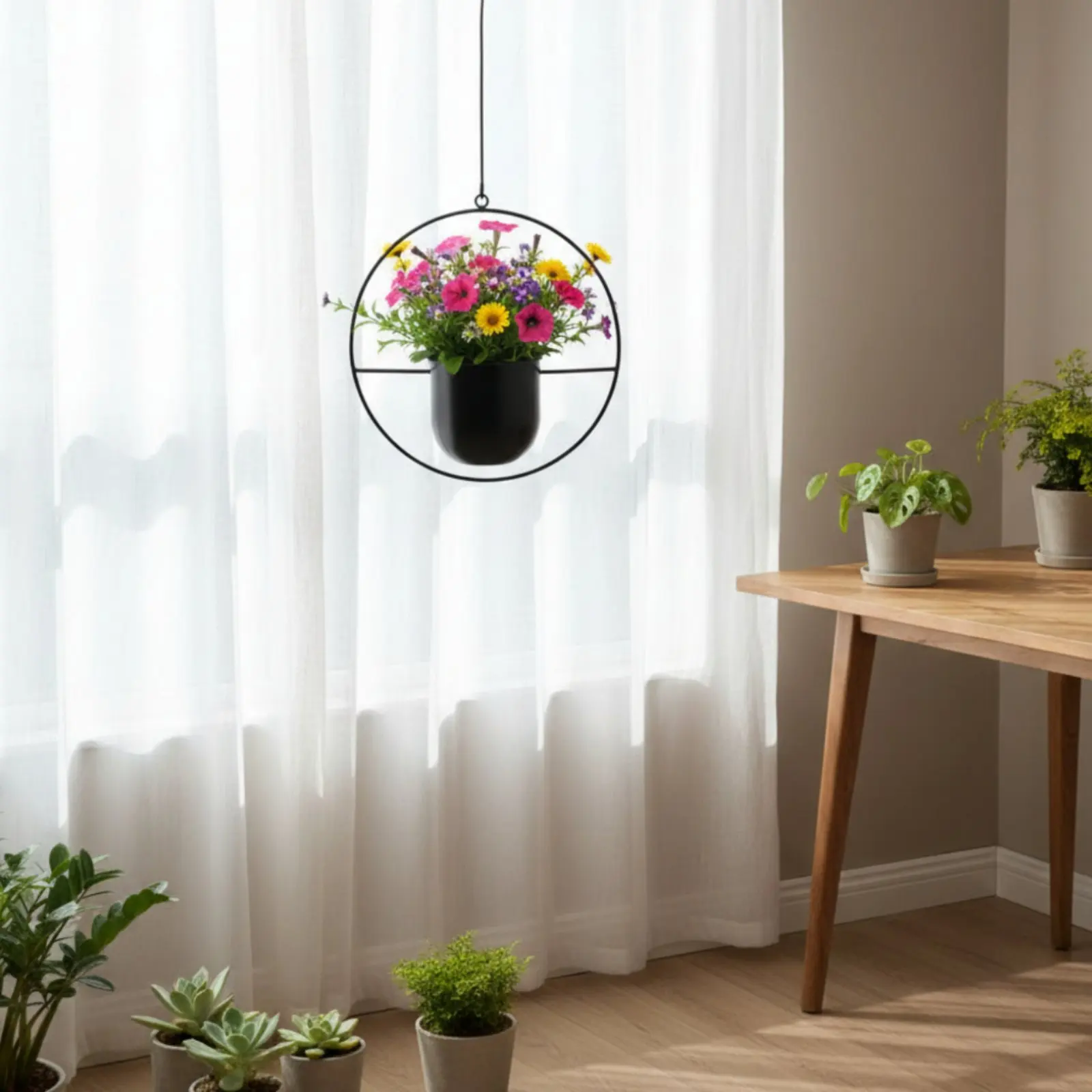 

Wrought Iron Hanging Basket Space Saving Metal Hoop Plant Holder Circular Hanging Planter Minimalist Design for Decorators