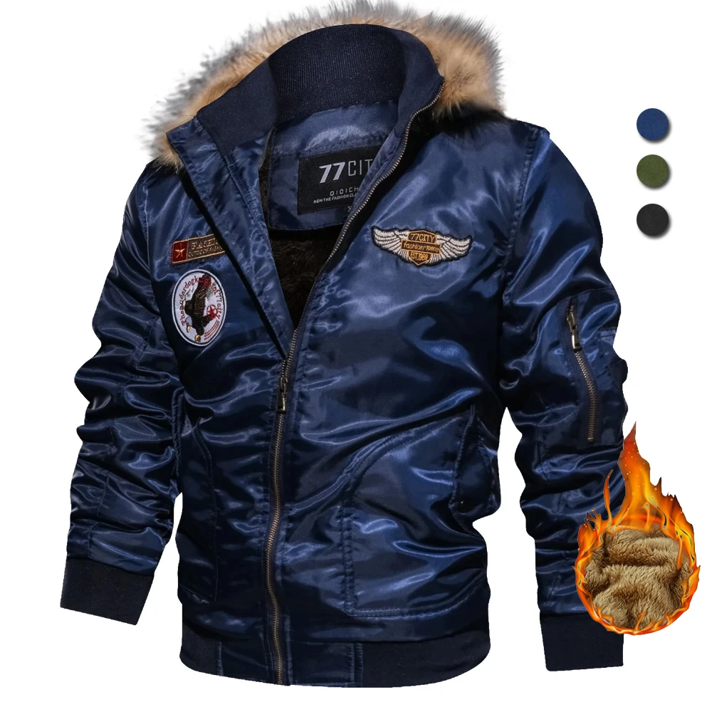 Brand Bomber Jacket Men Thick Fleece Pilot Jackets Winter Hooded Parkas Army  Motorcycle Coats Cargo Outerwear EUR Size