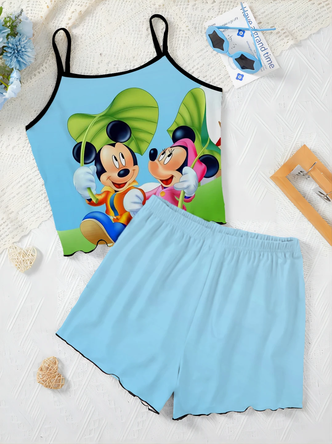 Kurze Sets für Frauen 2 Stück Damen anzug Home Kleid Minnie Maus T-Shirt Mickey Top Disney Salat Trim Pyjama Rock elegant