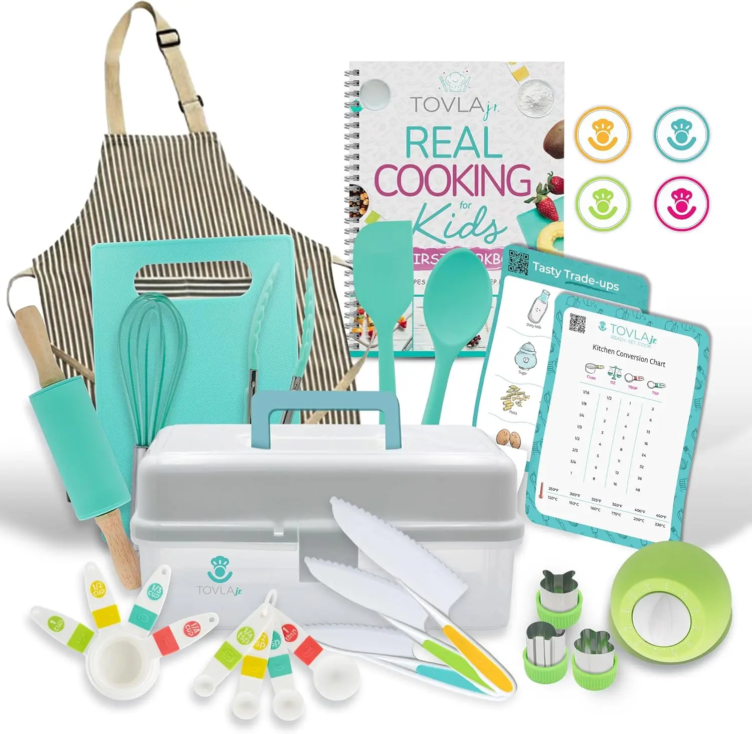 

Complete Kids Cooking & Baking Set with Safe Knives, Apron, Cookbook, Timer & Tools | Educational Gift for Boys & Girls
