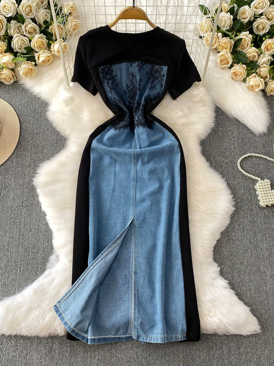 กระโปรงยีนส์ทรงเอวสูง ผ้าเดนิม แต่งผ้าลูกไม้ ทรงเข้ารูป ความยาวปานกลาง สไตล์เกาหลี เหมาะสำหรับใส่ไปทำงาน