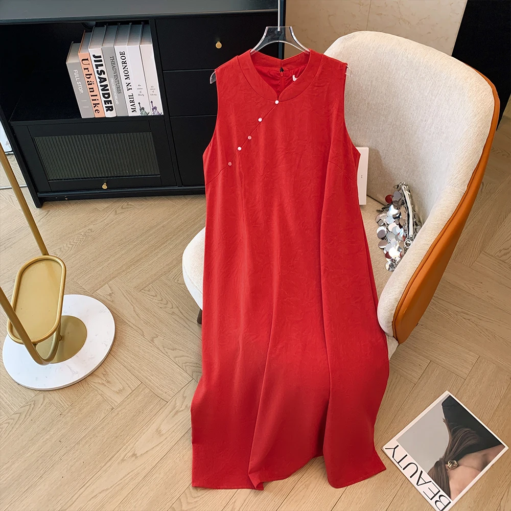 

Plus-size women's spring summer autumn casual commuting loose comfortable dress Chinese style zipper long sleeveless dress large