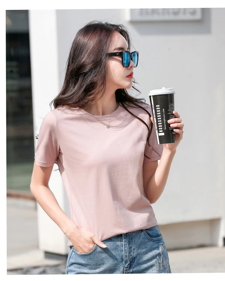 Damen Kurzarm T-Shirt Sommer Baumwolle Einfarbig Casual Top Einfaches bequemes Basic Fit T-Shirt