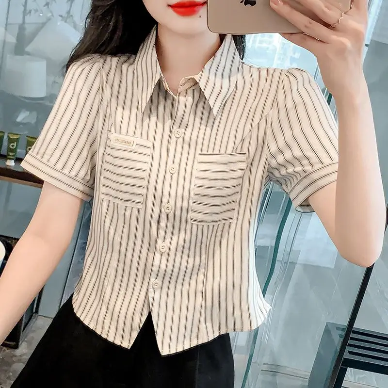 Women\'s Summer New Blouses Fashion Casual Patchwork Pocket Striped Polo Neck Button Short Sleeve Slim Short Irregular Shirt Tops