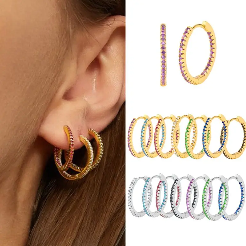 925 Sterling Silver Needle 15mm Colorful Circle Hoop Earring for Women Green/Black/White Pave Zircon Gold Earrings 2024 Jewelry