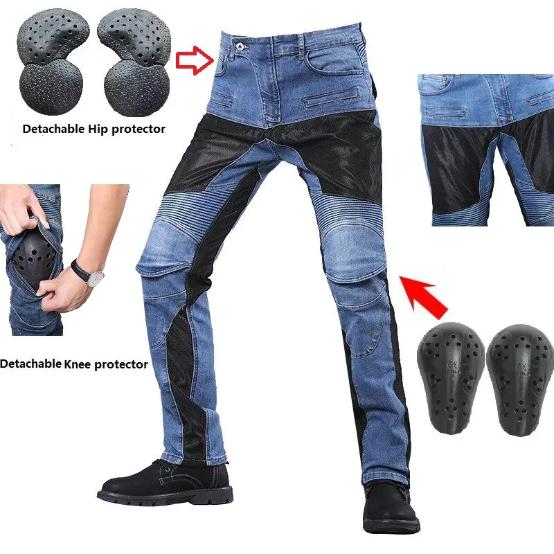 Free shipping for Motocross Denim jeans Motorcycle Dirt Bike MTB Riding jeans racing pants With four hip and knee pads