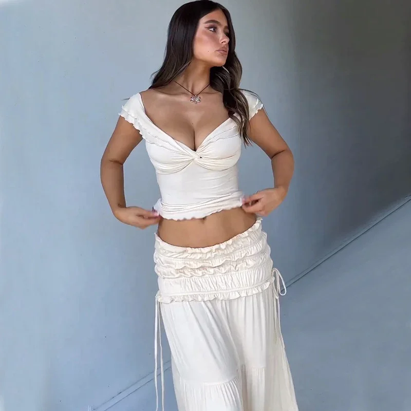 2 Piece Set Women Outfit Crop Top And Skirt Sets Fashion Summer Outfits For Women Vacation Ruffle Beach Holiday Outfits 2024