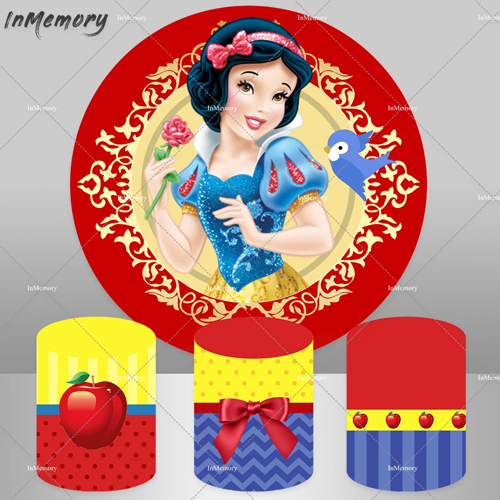 Snow White Princess Girls Circle Round Backdrop Children Birthday Party Decor Photo Background Red Poison apple Cylinder Cover