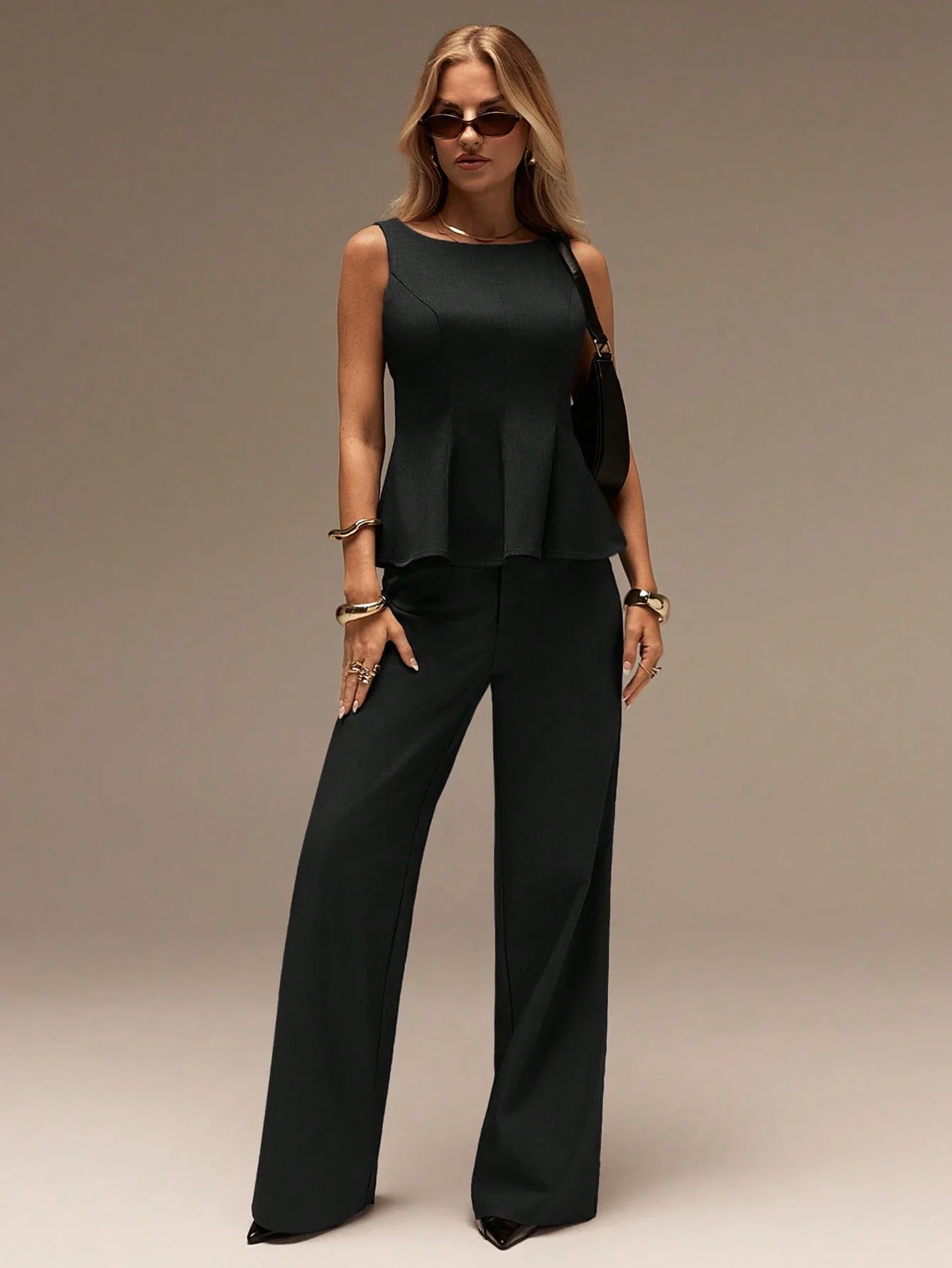 

Black Flare Leg Pants With Peplum Top Set Women Elegant Office Casual Wear