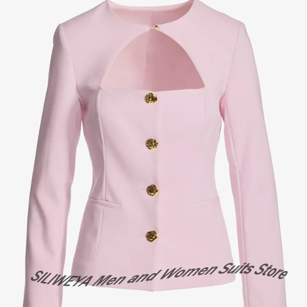 Elegant Modern Women's Pink Cut-Out Suits 2Piece Set Slim Fit Single Breasted O-neck Short Blazer Formal Evening Party Outfit