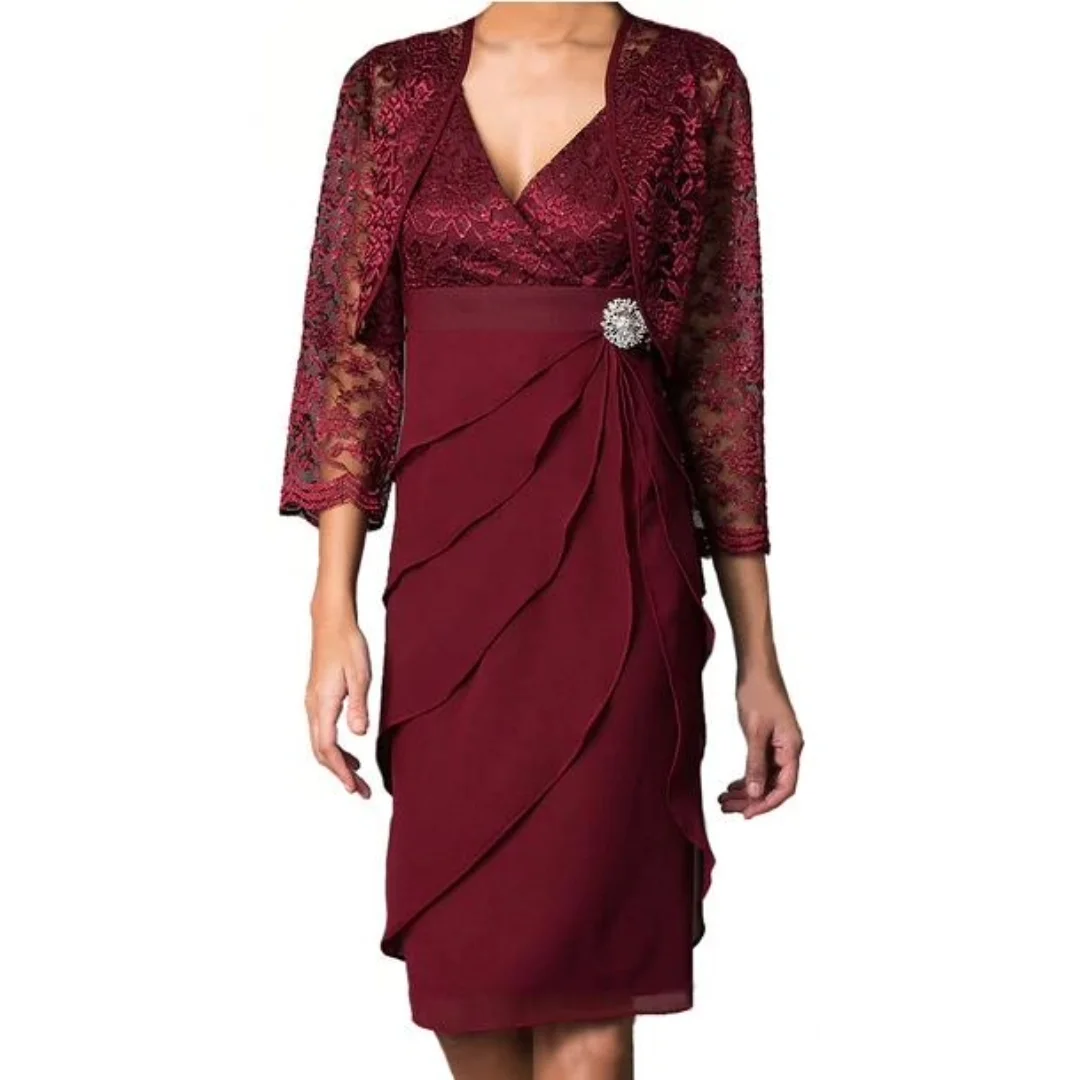 Customized Burgundy Lace Mother of the Bride Dress with Crystal Brooch Layered Tiered Chiffon V-Neck Empire Waist Wedding Guest