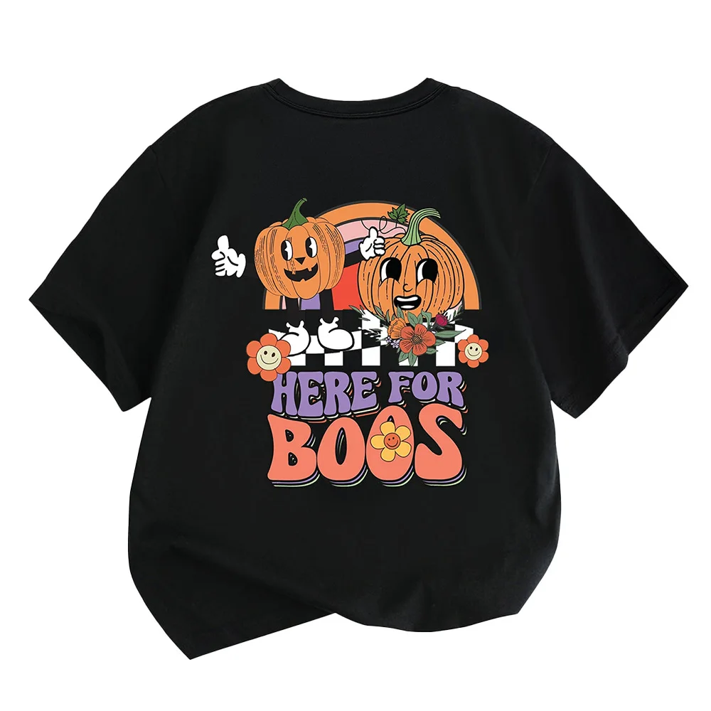 Camiseta de manga corta para niña, estampado de cabeza de calabaza de Halloween, ropa informal de verano con cuello redondo para niños, ropa para niñas y niños