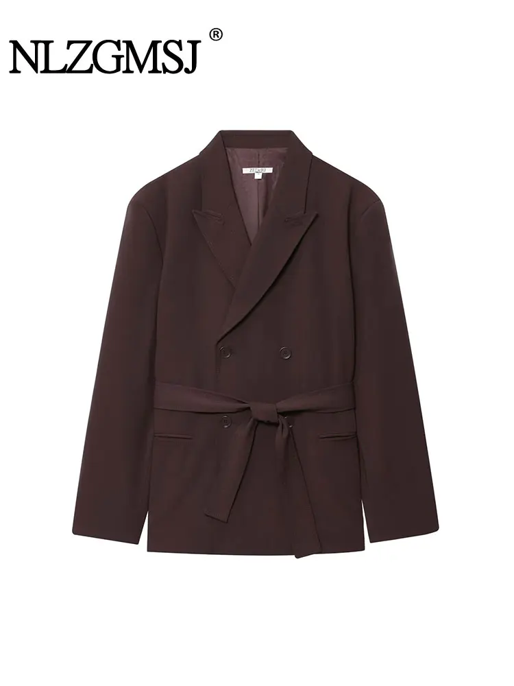 NLZGMSJ Chic Oversized Blazer Women Belt Double Buttons Loose Blazer Jacket Fashion 2025 Autumn Office Lady Casual Outwear