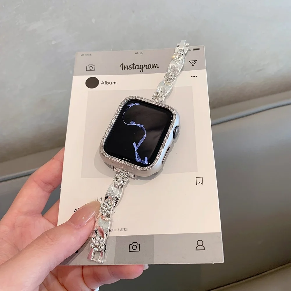 

Металлический ремешок для iWatch с цветочным узором и стразами, совместимый с размерами 38 мм, 40 мм, 41 мм, 42 мм, 44 мм, 45 мм, 49 мм, модный ремешок.