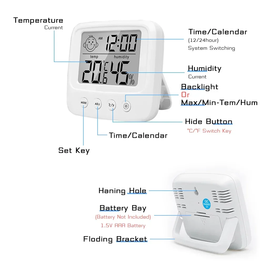 Termómetro Electrónico LCD para interiores y exteriores, higrómetro con reloj despertador, Monitor de humedad meteorológica para el hogar