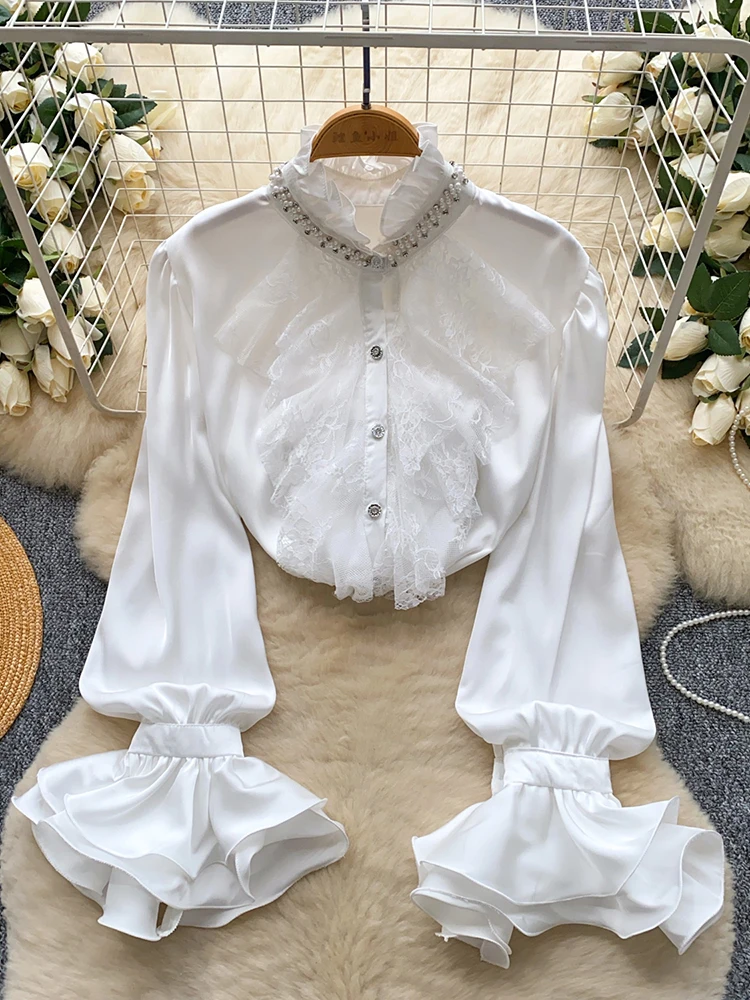 

Spring Autumn French Stand Up Collar Flared Sleeve Satin Blouse Women's Court Style Lace Patchwork Single Breasted Shirt Top W80