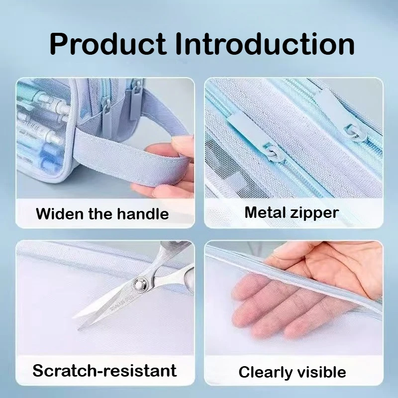 Large Capacity Double-layer Mesh Transparent High-value Pencil Case Student Universal Stationery Box Simple Portable Storage Bag