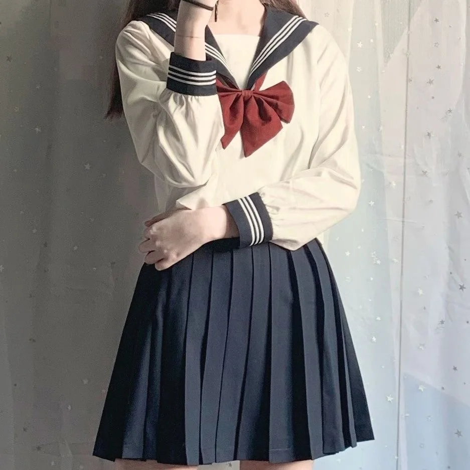 Uniforme escolar japonês para mulheres, terno sexy de menina Jk, três uniformes básicos de marinheiro, manga comprida, gravata vermelha branca, primavera e outono