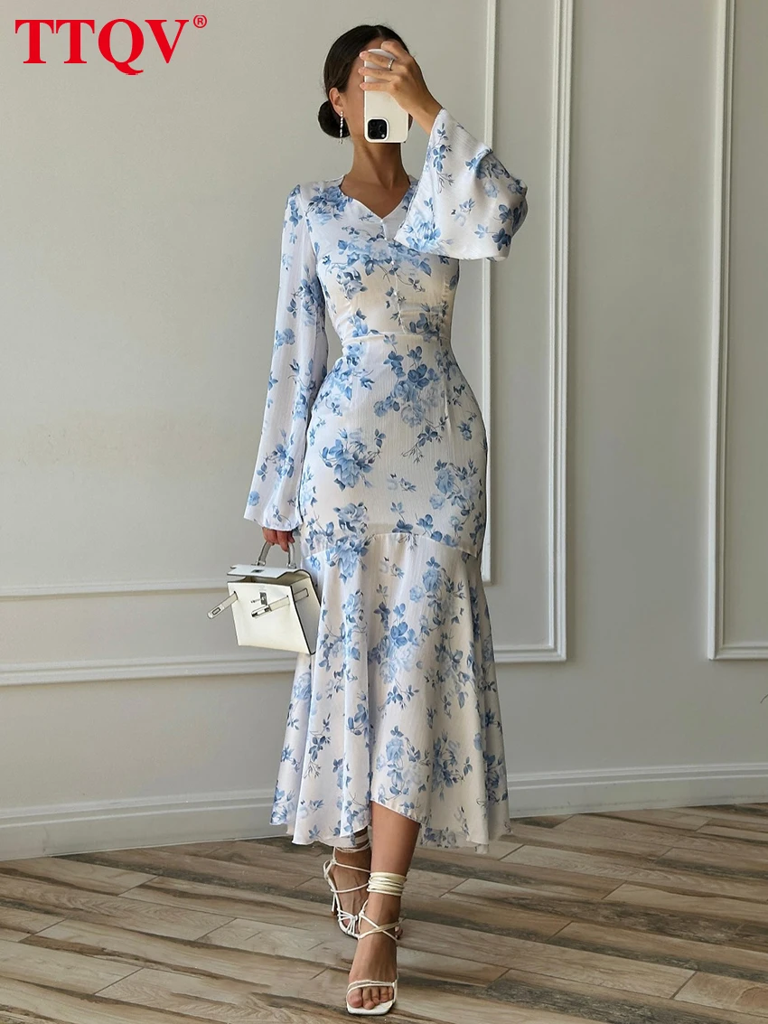 

TTQV Fashion Slim Print Women's Dress Spring O-Neck Long Sleeve Ankle Length Dresses Lady Elegant Classic Pleated Female Dress