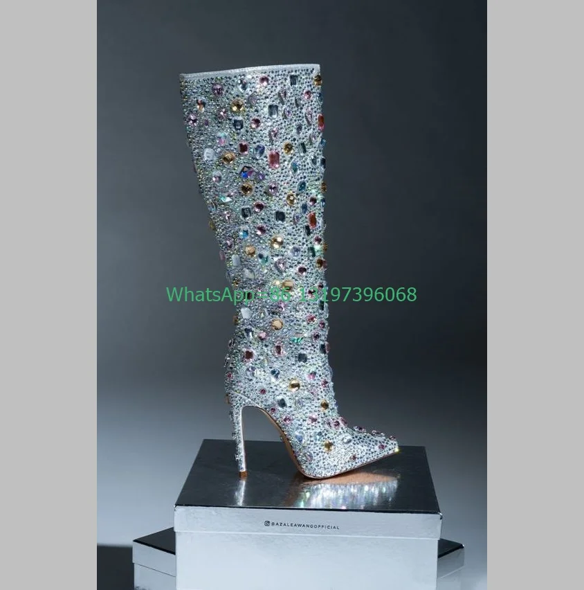 Lady colorful rhinestone sequins knee boots pointed toe demand bling sexy boots dance stage vintage colorful boots size 35-44