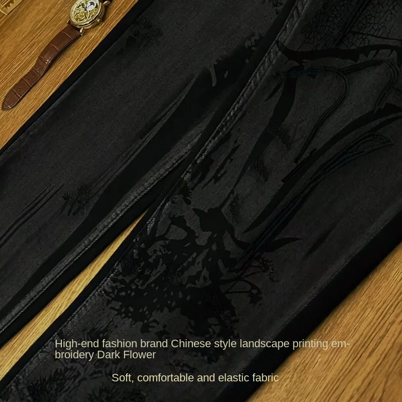 2024 light luxury high-end Black Denim Trousers men's fashion design landscape painting printing stretch slim fit skinny pants