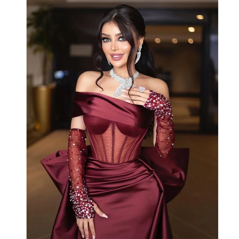 Burgundy Strapless Crystal Pearls Side Split Evening Dress with Bow Tail Fashion Sweep Train Mermaid Party Prom Gowns