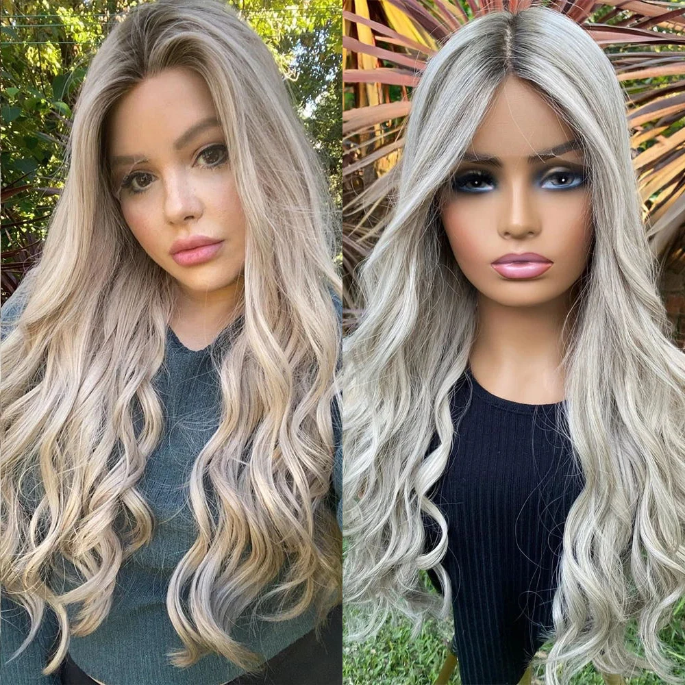 Grey Blonde Lace Front Wig Ashy Roots Virgin Hair Wavy Full Lace Human Hair Wigs for Women HD Pre Plucked 13x6 Free Style 180%