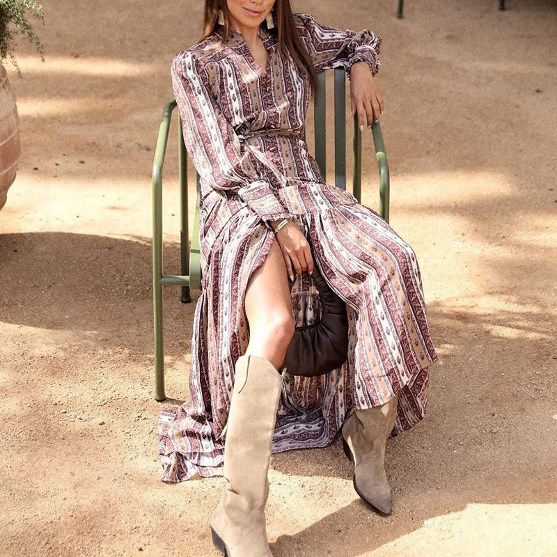 FD730 2022 Autumn New Fashionable Long Sleeve Stand Collar Bohemian Medium Length Printed Dress