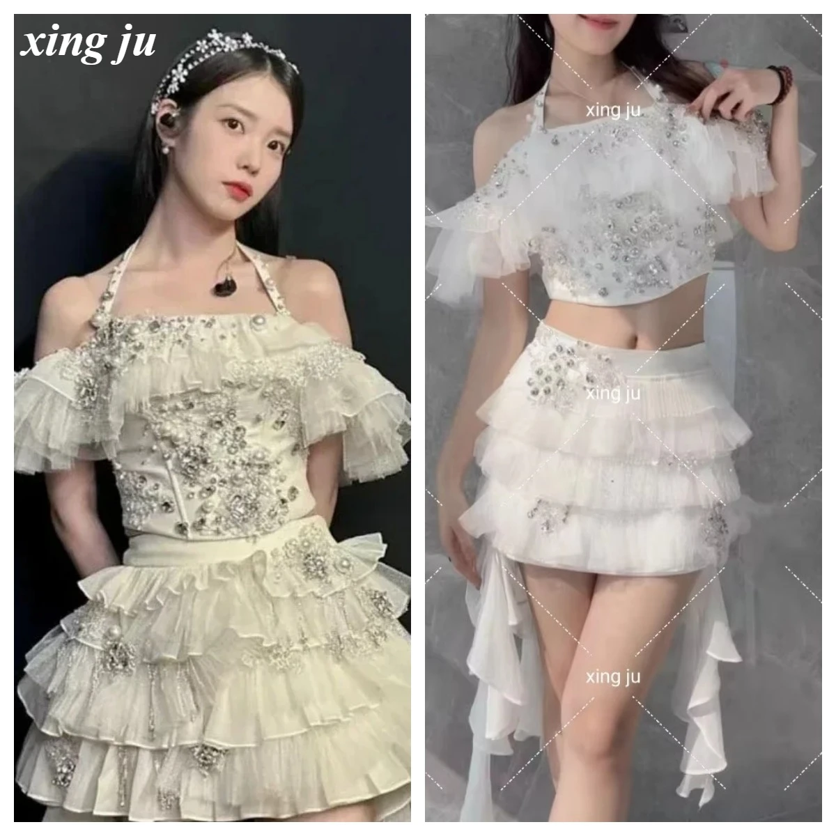 

Xing Ju Women'S Singer Kpop Stage Performance Outfits Sexy Rhinestones Lace Tops Ruffled Skirts Nightclub Dj Jazz Dance Costume