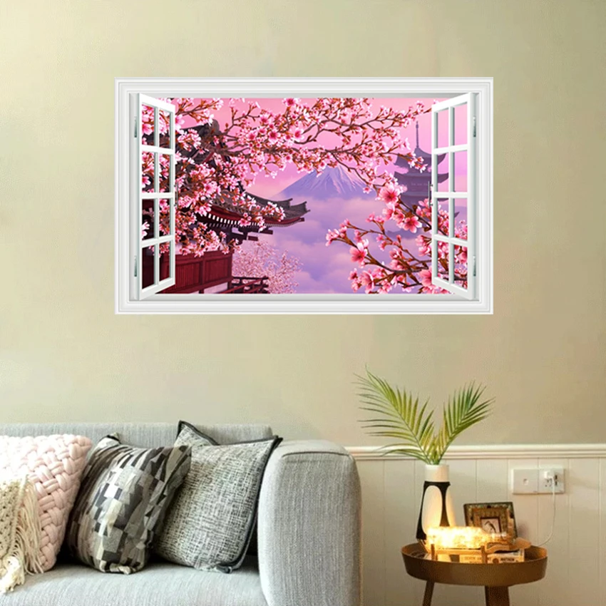 Outside rhe Window Cherry Blossom Scenery 3D Wall Art Vinyl Stickers Home Decoration for Room Sakura Flower Landscape Wallpaper